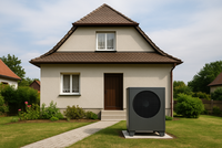 Ein helles, zweigeschossiges Haus mit einem braunen Satteldach steht in einem gepflegten Garten. Vor dem Haus befindet sich eine moderne Wärmepumpe, die neben dem Weg positioniert ist. Grünes Gras und Sträucher umgeben die Szenerie.