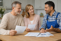 Ein älteres Paar und ein Handwerker sitzen an einem Tisch, besprechen Dokumente und lächeln. Der Handwerker erklärt etwas, während das Paar aufmerksam zuhört. Im Hintergrund ist eine helle, moderne Küche sichtbar.