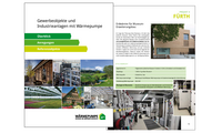 Das Bild zeigt eine Broschüre über gewerbliche Objekte und Industrieanlagen mit Wärmepumpen. Die Textelemente beschreiben ein Projekt in Fürth, das den Bau einer Museumserweiterung mit Erdwärme beinhaltet. Zudem werden Vorteile von Nachhaltigkeit und energieeffizienter Bauweise hervorgehoben.