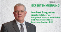 Porträt von Norbert Borgmann, Geschäftsführer der Borgmann Haustechnik GmbH und Vizepräsident des Zentralverbands SHK. Der Hintergrund ist neutral, und der Text hebt seine Expertise hervor. Es handelt sich um eine Expertenmeinung zu Themen im Bereich Haustechnik.