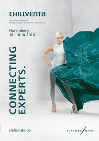 Das Bild zeigt eine Frau in einer modernen, eleganten Pose, die eine dynamische, türkisfarbene Stoffbahn hält. Im Hintergrund steht der Text „CONNECTING EXPERTS.“ und Angaben zur Chillventa-Messe in Nürnberg vom 16. bis 18. Oktober 2018.