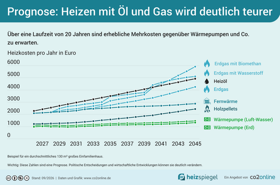 Ein Diagramm zeigt die Prognose der Heizkosten in Euro für verschiedene Heizmethoden wie Erdgas, Öl, Biogas, Holzpellets und Wärmepumpen über einen Zeitraum von 20 Jahren. Die Kurven verdeutlichen, dass Heizkosten für Öl und Gas erheblich steigen werden im Vergleich zu alternativen Methoden.
