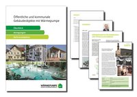 Die Abbildung zeigt einen Titel und eine Übersicht zu einem Dokument über öffentliche und kommunale Gebäude mit Wärmepumpen. Enthalten sind Bilder von Gebäuden und einem Schwimmbad, sowie Textseiten, die Informationen und Projekte zu Wärmekonzepten darstellen.