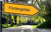Ein gelbes Verkehrsschild zeigt die Richtung zu "Fördergelder". Es ist auf einem Weg in einem grünen Park platziert, umgeben von Bäumen und Licht. Der Hinweis darauf ist klar und gut lesbar.