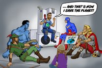 Eine Gruppe von Comicfiguren sitzt um einen Mann, der auf einer Wärmepumpe sitzt. Er erklärt, wie er den Planeten rettet. Die Charaktere sind in bunten Kostümen und hören aufmerksam zu. Ein Schild mit einem Globus steht neben einem der Zuhörer.