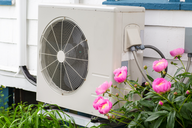 Klimaanlage an einer Außenwand, umgeben von rosa Pfingstrosen. Die Einheit hat einen großen Ventilator und ist in einem freundlichen, gepflegten Garten platziert.