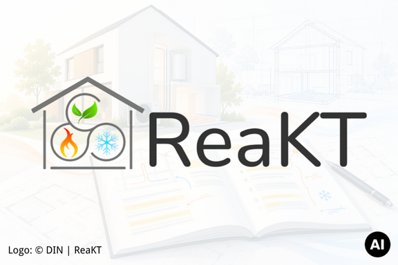 Logo von ReaKT mit den Symbolen für Wärme, Kälte und Pflanzen, eingebettet in ein Haus-Icon. Im Hintergrund sind Skizzen eines Gebäudes und ein offenes Notizbuch zu sehen.