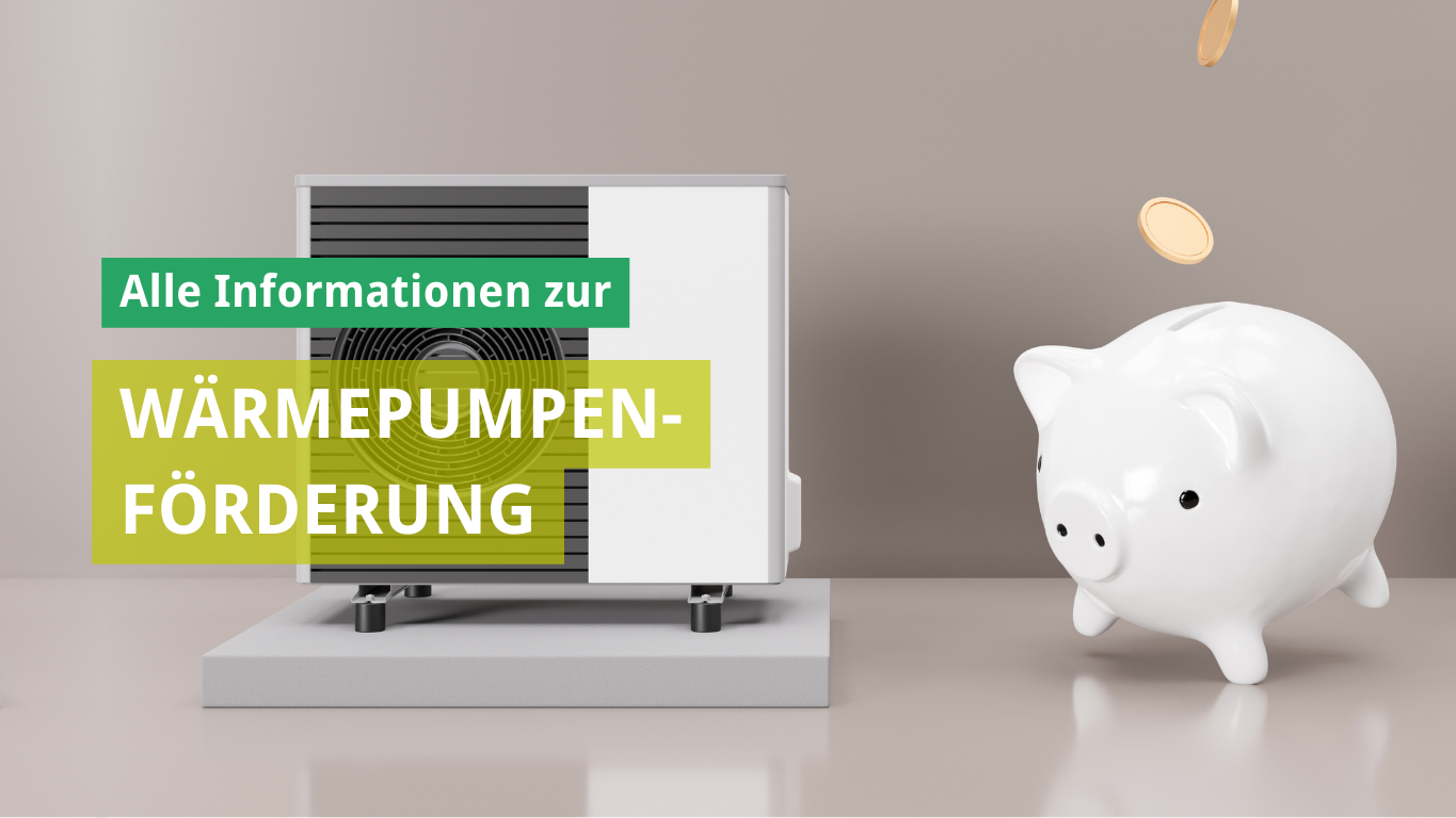 Ein Wärmepumpengerät steht auf einer Basis. Links davon befindet sich ein Sparschwein. Über dem Gerät steht der Text: „Alle Informationen zur Wärmepumpenförderung“. Der Hintergrund ist neutral und unterstreicht das Thema der Energieeffizienz.