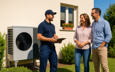 Ein Techniker erklärt einem Paar etwas zu einer Wärmepumpe, die neben einem Haus steht. Der Mann trägt ein Arbeitsoutfit und hält ein Tablet. Das Paar hört aufmerksam zu und wirkt zufrieden. Die Szene findet an einem sonnigen Tag im Garten statt.