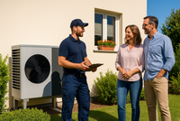 Ein Techniker erklärt einem Paar etwas zu einer Wärmepumpe, die neben einem Haus steht. Der Mann trägt ein Arbeitsoutfit und hält ein Tablet. Das Paar hört aufmerksam zu und wirkt zufrieden. Die Szene findet an einem sonnigen Tag im Garten statt.