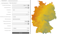 Die Abbildung zeigt einen Eingabebereich zur Berechnung des Trinkwarmwasserbedarfs und der Heizlast eines Gebäudes. Auf der rechten Seite ist eine farbige Deutschlandkarte zu sehen, die wahrscheinlich verschiedene Temperaturzonen oder Heizbedarfe darstellt.