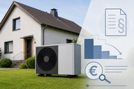 Ein modernes Wärmepumpen-Gerät steht im Vordergrund auf einer grünen Rasenfläche, vor einem Einfamilienhaus. Im Hintergrund sind grafische Symbole zu sehen, die Energiepreise, Diagramme und rechtliche Dokumente darstellen.