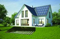 Ein modernes, zweigeschossiges Haus mit Solarzellen auf dem Dach steht in einem grünen Garten. Vor dem Haus ist eine Terrasse mit Möbeln. Im Vordergrund ist ein Rechteck dargestellt, das einen Untergrund mit gestuften Ebenen zeigt, der potenziell für eine Garten- oder Terrassengestaltung genutzt werden kann.