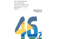 Dokumententitel: "Die Energiewende im Corona-Jahr: Stand der Dinge 2020". Es handelt sich um eine Analyse mit Rückblick auf die Entwicklungen und Ausblick auf 2021. Das Wort "46,2" steht prominent im Mittelpunkt. Logo von Agora Energiewende ist ebenfalls sichtbar.