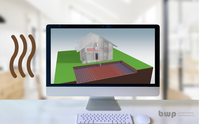 Der Bildschirm zeigt ein 3D-Modell eines Hauses mit einem Wärmepumpensystem. Grafikillustrationen verdeutlichen die Heizungs- und Kühlkomponenten, die in den Boden integriert sind.