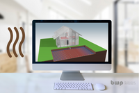 Der Bildschirm zeigt ein 3D-Modell eines Hauses mit einem Wärmepumpensystem. Grafikillustrationen verdeutlichen die Heizungs- und Kühlkomponenten, die in den Boden integriert sind.
