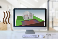 Der Bildschirm zeigt ein 3D-Modell eines Hauses mit einem Wärmepumpensystem. Grafikillustrationen verdeutlichen die Heizungs- und Kühlkomponenten, die in den Boden integriert sind.