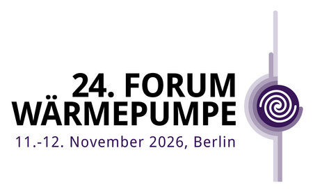 Logo für das 24. Forum Wärmepumpe, das vom 11. bis 12. November 2026 in Berlin stattfindet. Enthält den Schriftzug "24. FORUM WÄRMEPUMPE" und ein grafisches Element in Lila mit einem Spiralmuster.