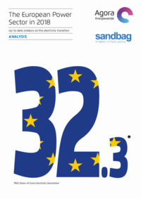 Die Grafik zeigt die Zahl 32,3, die den Anteil erneuerbarer Energien an der brutto erzeugten Elektrizität in Europa im Jahr 2018 darstellt. Umgeben von Sternen der EU-Flagge. Darunter steht der Titel, der auf eine Analyse der Elektrizitätswende hinweist.