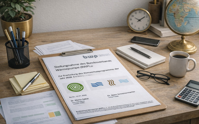 Auf einem Tisch liegt ein Clipboard mit einer Stellungnahme des Bundesverbands Wärmepumpe (BWP) zur Erarbeitung des Klimaschutzprogramms 2023. Daneben befinden sich Stifte, Notizen, eine Tasse Kaffee und eine Uhr. Im Hintergrund ist eine Weltkarte zu sehen.