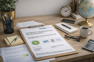 Auf einem Tisch liegt ein Clipboard mit einer Stellungnahme des Bundesverbands Wärmepumpe (BWP) zur Erarbeitung des Klimaschutzprogramms 2023. Daneben befinden sich Stifte, Notizen, eine Tasse Kaffee und eine Uhr. Im Hintergrund ist eine Weltkarte zu sehen.