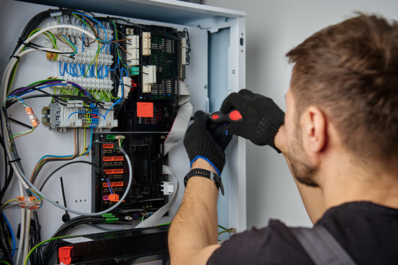 Ein Techniker arbeitet an einem Schaltschrank. Er trägt schwarze Handschuhe und benutzt einen Schraubendreher, um Kabel und Komponenten in einem elektrischen Verteiler zu überprüfen oder zu reparieren. Der Bereich ist mit verschiedenen Drähten und Geräten voll sichtbar.