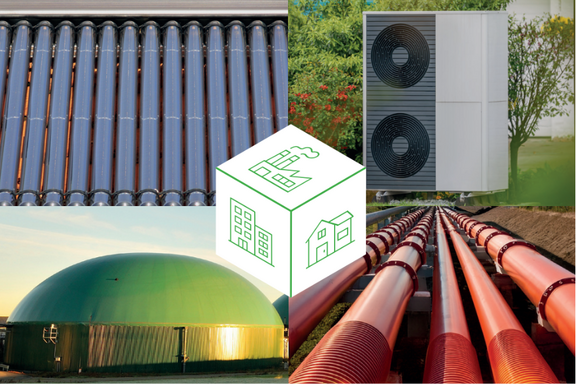 Das Bild zeigt verschiedene Energie- und Versorgungstechnologien: Oben sind Solarrohre, rechts eine Wärmepumpe, unten ein Biogasterminal und links rote Rohrleitungen. In der Mitte steht eine stilisierte Grafik eines Gebäudes.