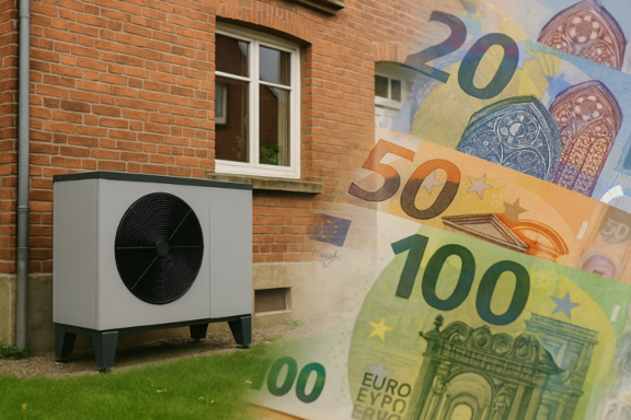 Eine Klimaanlage steht vor einem Ziegelhaus. Hinter der Anlage sind europäische Geldscheine im Wert von 20, 50 und 100 Euro zu sehen. Die Darstellung vermittelt den Zusammenhang zwischen Energieeffizienz und Kosten.