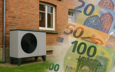 Eine Klimaanlage steht vor einem Ziegelhaus. Hinter der Anlage sind europäische Geldscheine im Wert von 20, 50 und 100 Euro zu sehen. Die Darstellung vermittelt den Zusammenhang zwischen Energieeffizienz und Kosten.