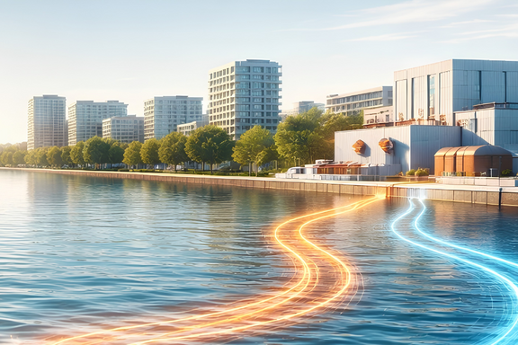 Eine moderne Stadtansicht am Wasser, mit mehreren hohen Gebäuden auf der linken Seite und einer lebhaften Uferpromenade. Bunte Lichtstrahlen in Orange und Blau verlaufen auf der Wasseroberfläche, während Bäume die Umgebung begrünen. Die Szene strahlt eine ruhige, zeitgenössische Atmosphäre aus.