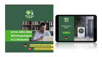 Ein Mann arbeitet am Laptop und lernt über Wärmepumpen. Die Grafik kündigt an, dass alles über Wärmepumpen in drei Modulen vermittelt wird. Es gibt Schaltflächen für den Zugang zur Schulung auf Deutsch und Englisch.
