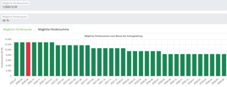 Balkendiagramm zeigt die mögliche Fördersumme über mehrere Monate, mit einer aktuellen Fördersumme von 12.880 EUR. Die Fördersumme variiert, wobei ein roter Balken einen niedrigen Wert im Vergleich zu den anderen grünen Balken anzeigt. Die Fördersquote beträgt 46 %.