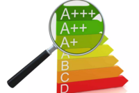 Ein Energielabel zeigt die Effizienzklassen von A++ bis D an, wobei die oberen Klassen in grün und die unteren in orange und rot dargestellt sind. Eine Lupe vergrößert die oberen Klassen A++ und A, um deren Bedeutung hervorzuheben.