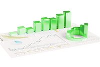 Ein Diagramm aus grünen Säulen und einem Tortendiagramm, das verschiedene Daten anzeigt. Die Säulen steigen in Höhe und vermitteln einen positiven Trend. Unter ihnen sind weitere Linien- und Balkendiagramme zu sehen, die zusätzliche statistische Informationen darstellen.