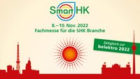 Ein Banner für die Fachmesse SmartHK, die vom 8. bis 10. November 2022 stattfindet. Die Messe richtet sich an die SHK-Branche und läuft zeitgleich zur belektro 2022. Im Hintergrund sind Umrisse von Stadtgebäuden und eine Sonne.