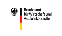 Logo des Bundesamts für Wirtschaft und Ausfuhrkontrolle. Neben dem Text befindet sich eine stilisierte Darstellung der deutschen Flagge in den Farben Schwarz, Rot und Gold.