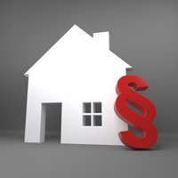 Eine stilisierte, weiße Hausikone steht im Vordergrund. Daneben befindet sich ein rotes Paragraphenzeichen. Das Bild symbolisiert rechtliche Aspekte im Zusammenhang mit Immobilien oder Wohnrecht.