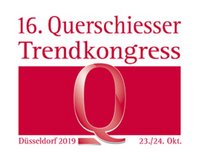 Logo des 16. Querschläger Trendkongresses, der am 23. und 24. Oktober 2019 in Düsseldorf stattfindet. Das Design präsentiert die Zahl 16 und den Buchstaben „Q“ in großer Schrift auf rotem Hintergrund.