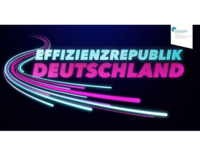 Der Text auf dem Bild zeigt "Effizienzrepublik Deutschland" in großen, auffälligen Buchstaben. Die Schrift ist in verschiedenen Farben gestaltet, die miteinander harmonieren und einen dynamischen Eindruck vermitteln. Der Hintergrund ist dunkel, was den Text hervorhebt.