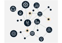 Ein Netzwerk von Symbolen, das verschiedene Aspekte der erneuerbaren Energien und deren Nutzung darstellt. Zu sehen sind Symbole für Solarenergie, Windkraft, elektrische Fahrzeuge, Batterien, nachhaltige Gebäude und Industrie, die miteinander verbunden sind.