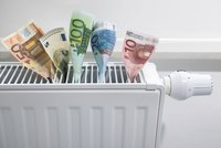 Auf der Heizung stecken mehrere Geldscheine in verschiedenen Werten (5, 10, 20, 50 und 100 Euro), die aus der Heizkörperöffnung herausragen. Dies symbolisiert möglicherweise hohe Heizkosten oder Geldsparstrategien beim Heizen.