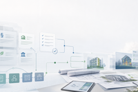 Eine visualisierte Darstellung eines modernen Arbeitsbereichs mit Plänen und Diagrammen, die Bauprojekte und innovative Technologien darstellen. Symbole für Gebäude, gesetzliche Dokumente und Aufgaben werden in einem klaren, futuristischen Design angezeigt.