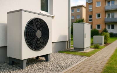 Eine Wärmepumpe steht auf einem Gehweg aus Pflastersteinen neben einem Wohngebäude. Im Hintergrund sind weitere technische Gerätschaften zu sehen, umgeben von Rasen und Hecken. Das Bild vermittelt den Eindruck einer modernen, energieeffizienten Technologie im Freien.