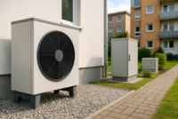 Eine Wärmepumpe steht auf einem Gehweg aus Pflastersteinen neben einem Wohngebäude. Im Hintergrund sind weitere technische Gerätschaften zu sehen, umgeben von Rasen und Hecken. Das Bild vermittelt den Eindruck einer modernen, energieeffizienten Technologie im Freien.