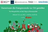 Grafik mit dem Titel „Gemeinsam die Energiewende vor Ort gestalten“. Informationen über eine Veranstaltung in der Metropole Ruhr, die am 23. Juni 2021 von 14 bis 18 Uhr stattfindet, organisiert von e.on. Der Hintergrund ist grün, mit verschiedenen Grafiken, die Energiewende symbolisieren.