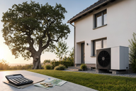 Ein modernes Haus mit einer Luft-Wasser-Wärmepumpe im Garten. Im Vordergrund liegen ein Taschenrechner, einige Münzen und Geldscheine auf einem Tisch. Im Hintergrund steht ein großer Baum, während die Sonne aufgeht.