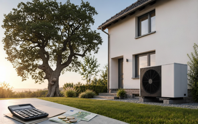 Ein modernes Haus mit einer Luft-Wasser-Wärmepumpe im Garten. Im Vordergrund liegen ein Taschenrechner, einige Münzen und Geldscheine auf einem Tisch. Im Hintergrund steht ein großer Baum, während die Sonne aufgeht.
