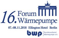 Das Bild zeigt das Logo des 16. Forums Wärmepumpe, das vom 07. bis 08. November 2018 im Ellington Hotel in Berlin stattfindet. Es ist organisiert vom Bundesverband Wärmepumpe e.V.
