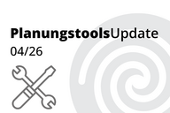 Logo für ein Update zu Planungstools. Der Titel lautet "Planungstools Update" und das Datum ist "04/26". Ein einfaches Symbol mit einem Schraubenschlüssel und einem Schraubenzieher ist abgebildet. Der Hintergrund zeigt ein spiralförmiges Muster.