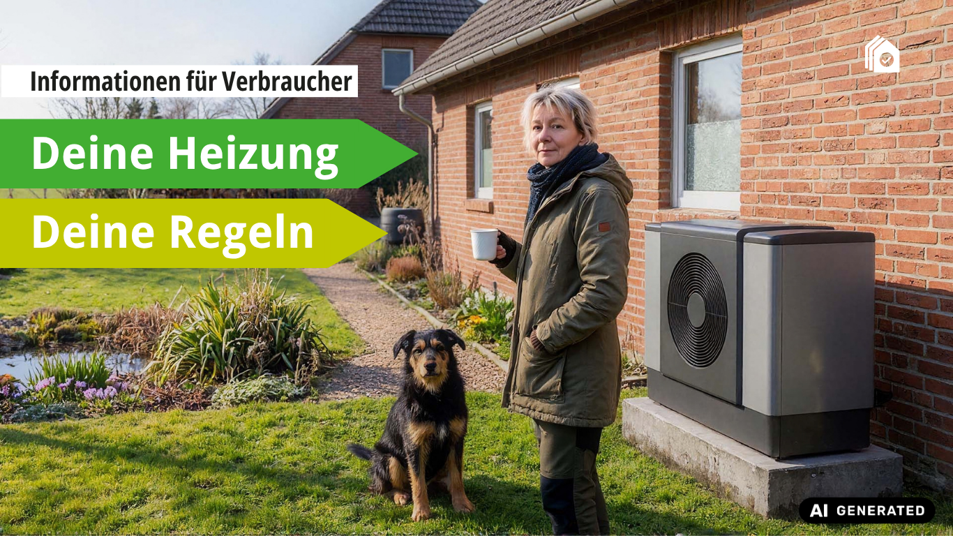 Eine Frau steht mit einer Tasse Kaffee neben einem Heizgerät vor einem Ziegelhaus. Ein Hund sitzt an ihrer Seite. Im Hintergrund sind Gartenpflanzen zu sehen. Text auf dem Bild: "Informations für Verbraucher – Deine Heizung, Deine Regeln.